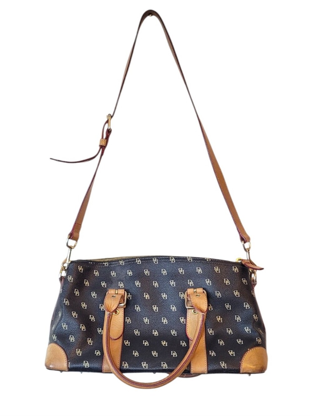 Dooney & Bourke Black Logo Shoulder Bag with Tan Leather Trim